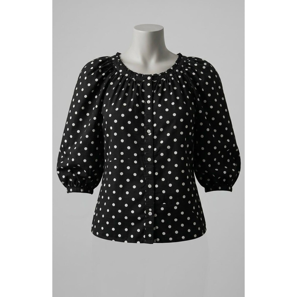 GAP Polka Dot Cotton Blouse S Black White Puff Sleeve Button Front Pleated
